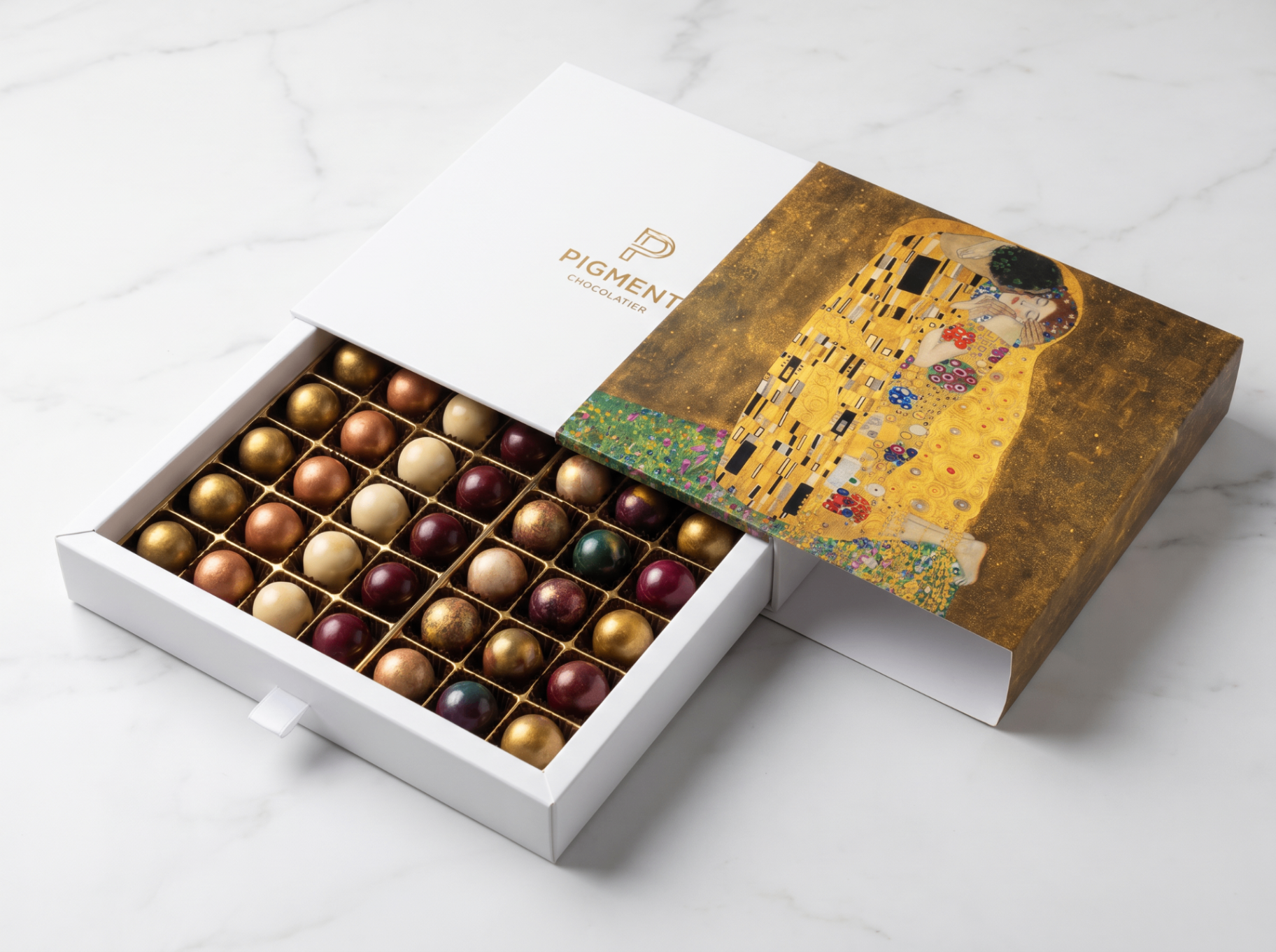 The Art Collection Klimt edition — a white slide-out box dressed in The Kiss artwork sleeve