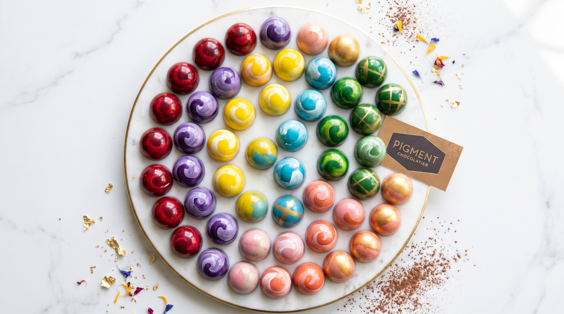 A gallery grid of hand-painted bonbons arranged like museum specimens