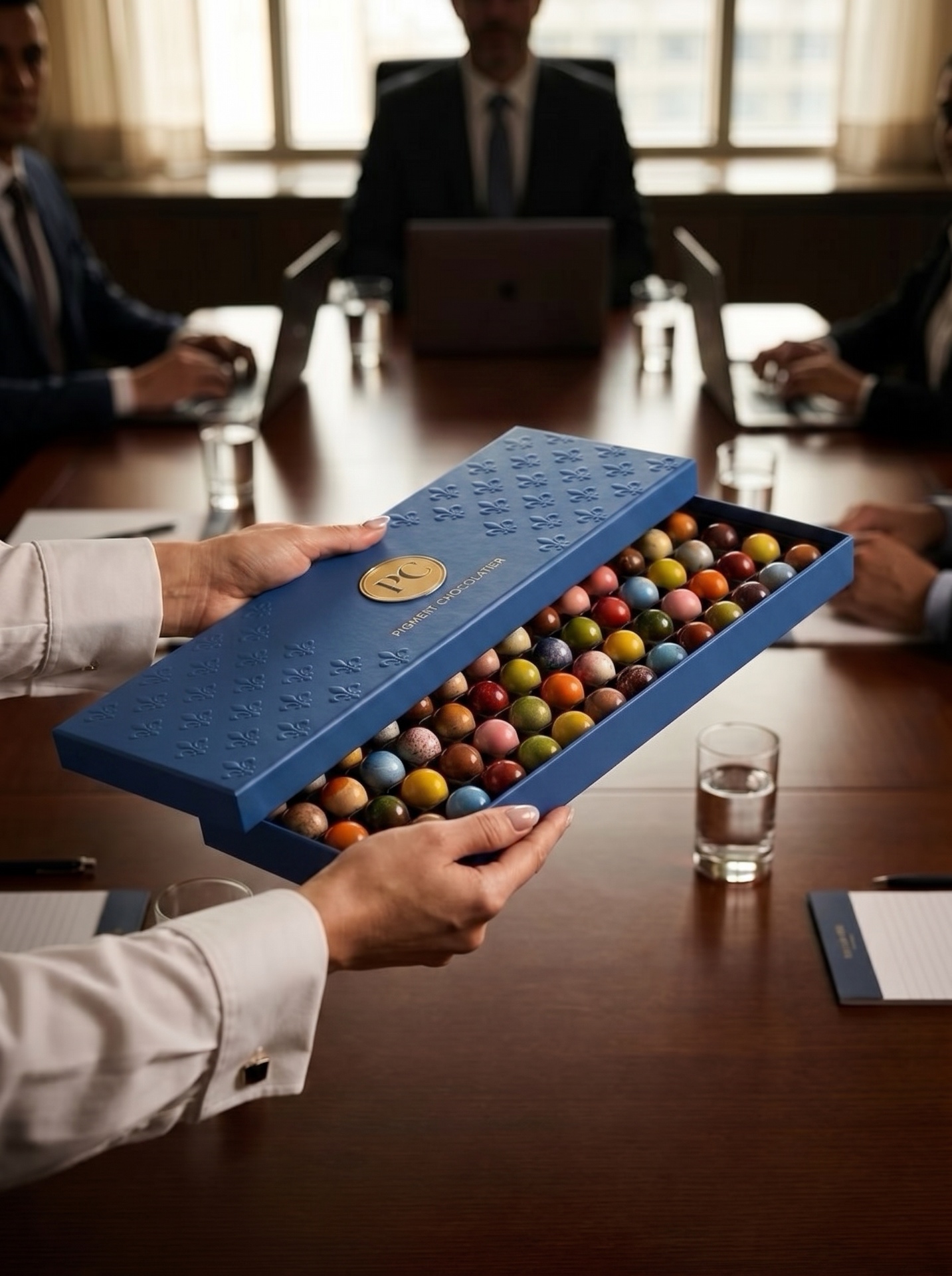 Signature blue corporate edition presented in a boardroom