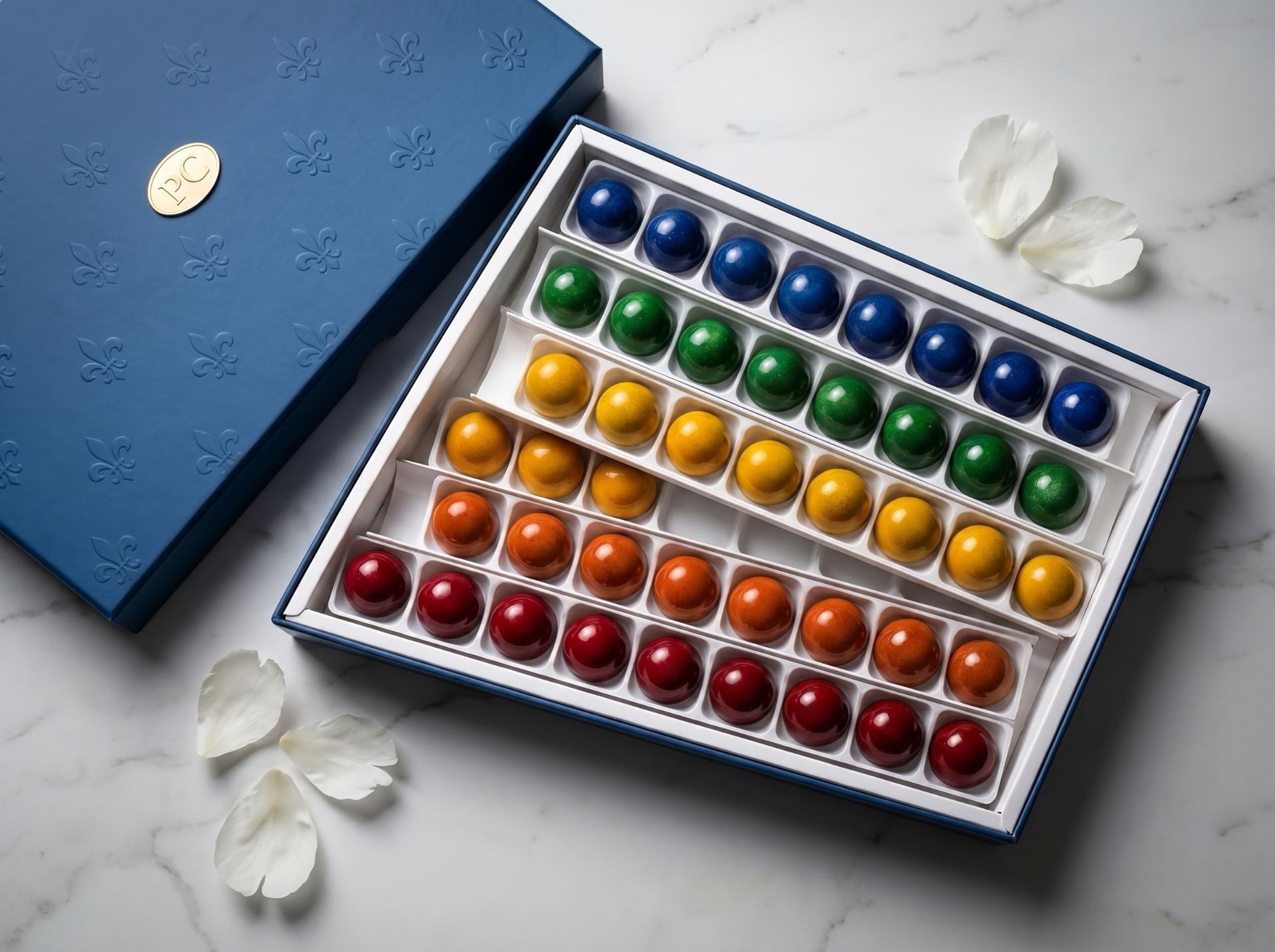 Signature blue gifting box with rainbow bonbons arranged by color