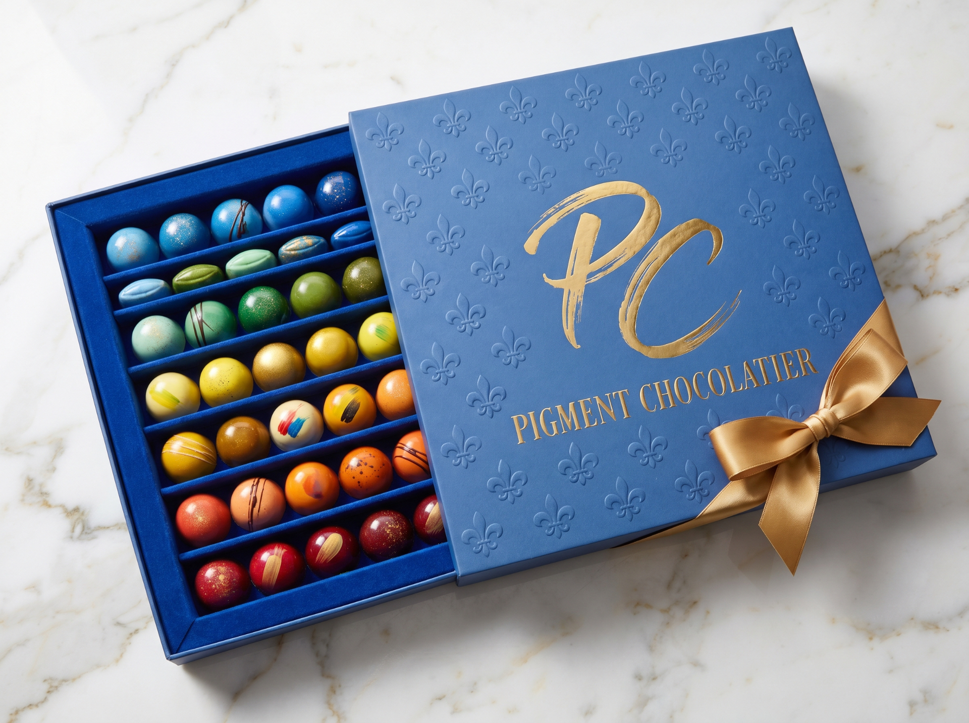 The Signature Blue box with gold fleur-de-lis embossing and silk ribbon